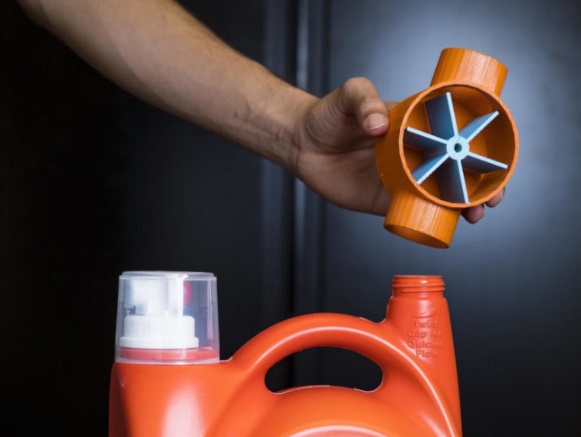 3-D printed laundry detergent bottle connects to WiFi without electronics