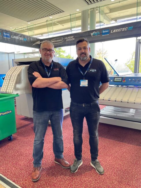 International supplier of a wide range of laundry machines and equipment back on track again. At CleanEx represented by Mr. Huub and Mr.